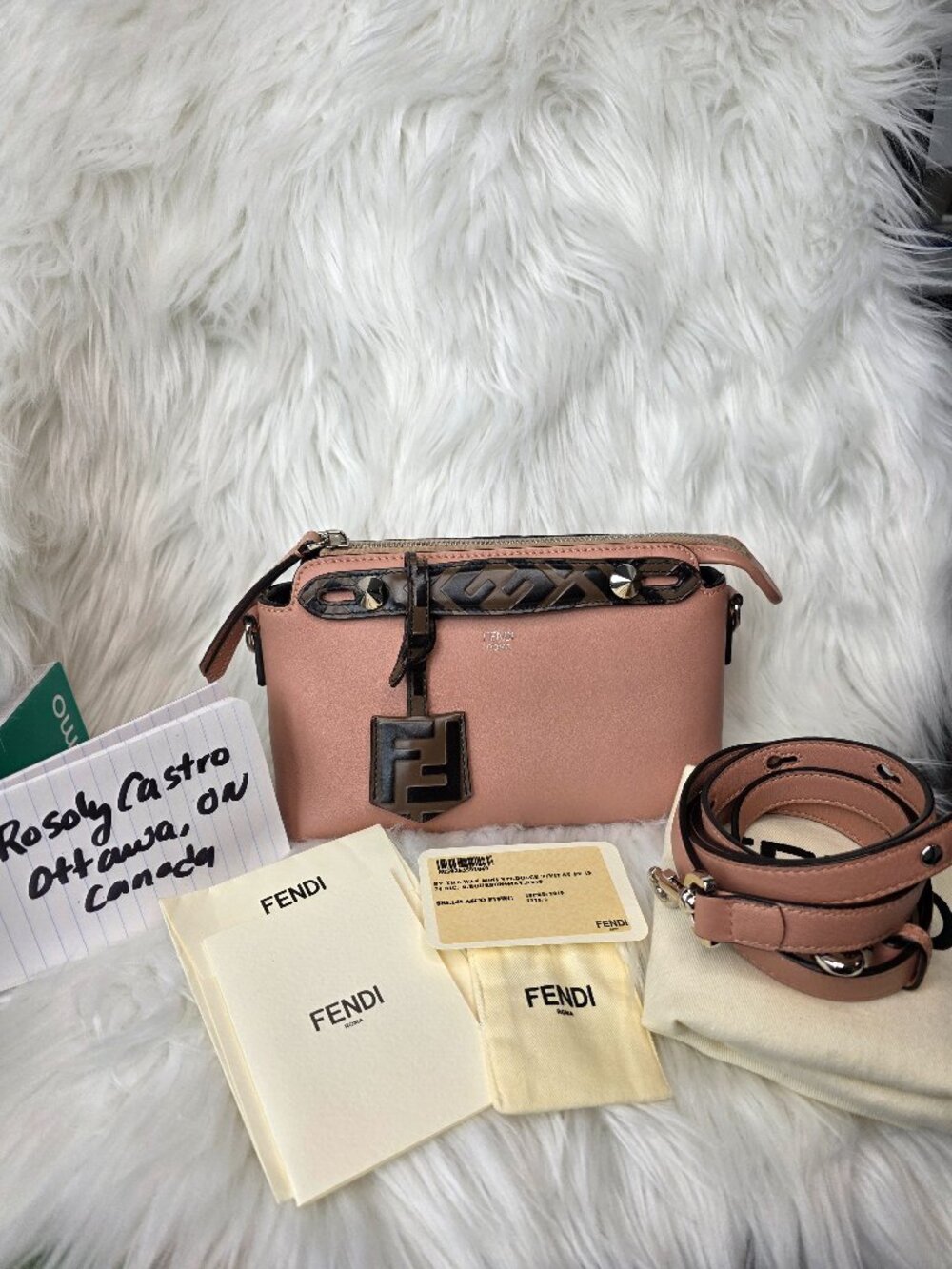 Authenticated Fendi Vitello Dolce BiColor FF Mini By The Way Rose Bourbon Maya